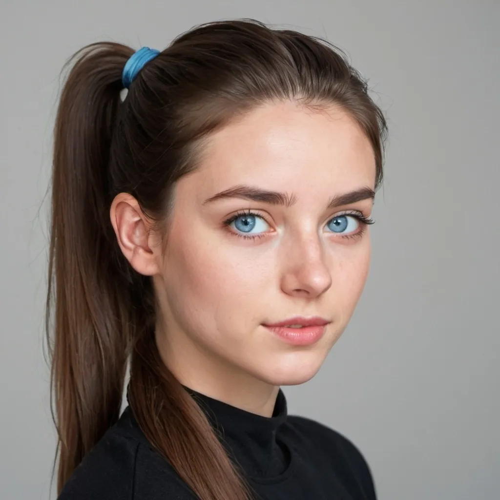 Prompt: A 25 year old female with blue eyes and long brown hair up in a stylish ponytail