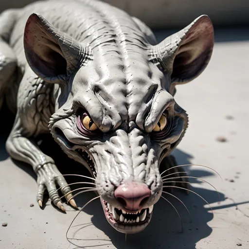 Prompt: A creature that eats concrete.  It's part rat, part snake, part cow, really evil looking.  Face is wolf looking.