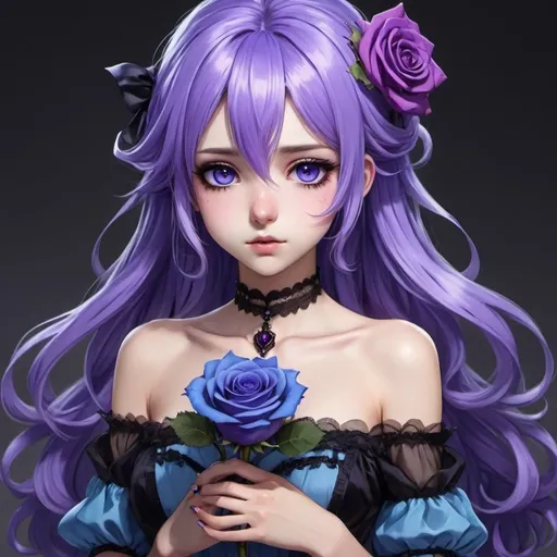 Prompt: purple and blue haired anime girl with purple eyes and black eyelashes with a purple n blue dress and has a blue rose in her hands
