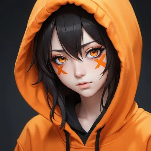 Prompt: dark orange and black haired anime girl with sharp orange eye lashes and orange eyes and white skin with a x on her cheek with a orange hoodie on
