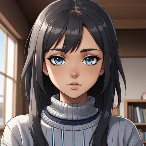 Prompt: brown skin anime girl with black hair and blue eyes with black eye lashes and wearing a grey sweater
