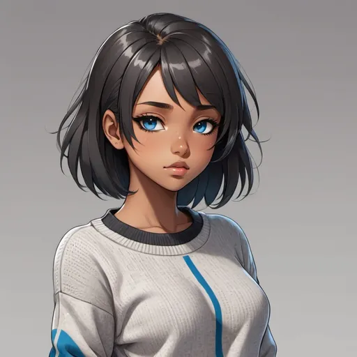 Prompt: brown skin anime girl with black hair and blue eyes with black eye lashes and wearing a grey sweater full body side view