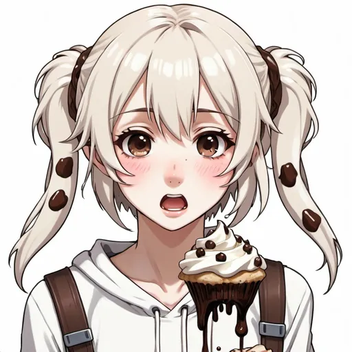 Prompt: chocolate chip dripping white chewy chocolate anime girl
