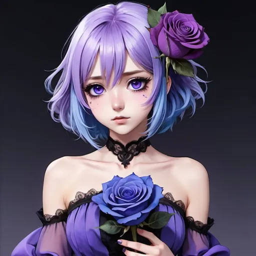Prompt: purple and blue haired anime girl with purple eyes and black eyelashes with a purple n blue dress and has a blue rose in her hands