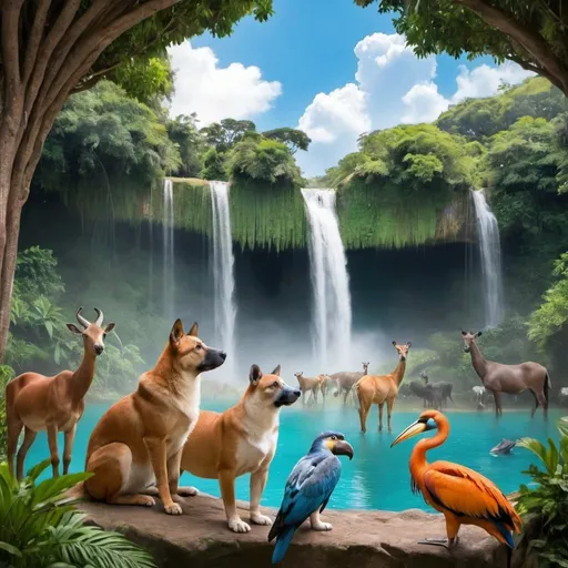 Prompt: Paraíso com animais , cachoeira, céu, jardim
