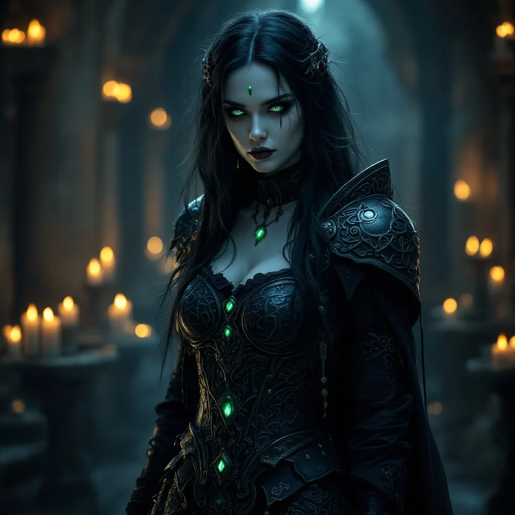 Prompt: the witch from suicide squad, eris morne from destiny 2, a sorcerer and a vampire all as one as a priestess using her dark and demonic powers to use for good