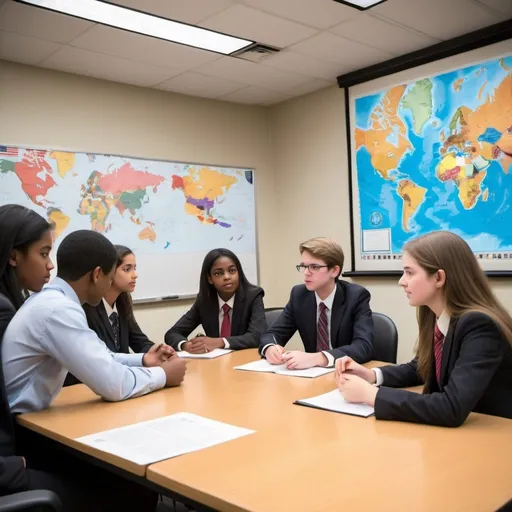 Prompt: In a bustling classroom transformed into a hub of international diplomacy, students from diverse backgrounds and disciplines immerse themselves in a simulated world of global affairs. Armed with research, passion, and a deep understanding of their assigned country's interests and policies, they step into the shoes of diplomats, ambassadors, and heads of state. With adrenaline coursing through their veins, they engage in spirited debates, negotiate treaties, and navigate diplomatic crises with poise and strategy. As the simulation unfolds, alliances are forged, tensions rise and fall, and each decision carries weighty consequences. Through this immersive experience, students gain invaluable insight into the complexities of international relations, honing their negotiation skills, empathy, and global awareness for the challenges that lie ahead.
