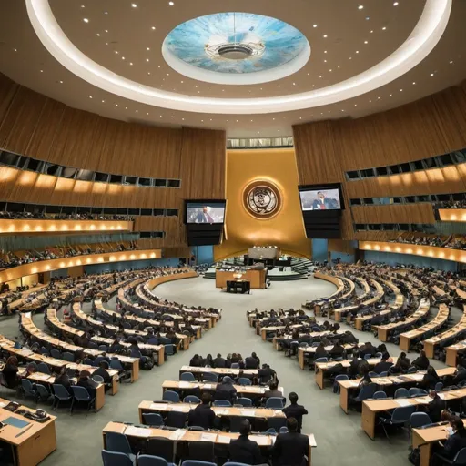 Prompt: In a meticulously recreated United Nations assembly hall, students from diverse backgrounds and academic disciplines gather with a sense of purpose and determination. As they take their seats behind microphones adorned with flags representing their assigned countries, anticipation fills the air. Each student embodies the role of a diplomat, armed not only with well-researched arguments but also with the conviction to advocate for their nation's interests on the global stage.

With faces reflecting a spectrum of emotions—resolve, passion, and perhaps a hint of nervousness—the students rise to speak, their voices echoing with the weight of their convictions. From debating pressing issues such as climate change, human rights, and international security to negotiating resolutions and forging alliances, they engage in a spirited exchange of ideas that mirrors the dynamic discourse of real-world diplomacy.

As the debate unfolds, expressions of determination and empathy flicker across their faces, reflecting the nuanced complexities of the issues at hand. With each impassioned speech and carefully crafted argument, the students not only sharpen their rhetorical skills but also cultivate a deeper understanding of the diverse perspectives that shape global decision-making.

In this immersive simulation of United Nations debate, where the faces of participants are as diverse as the ideas they champion, students gain invaluable insights into the art of diplomacy, forging connections, and finding common ground in pursuit of a better world.