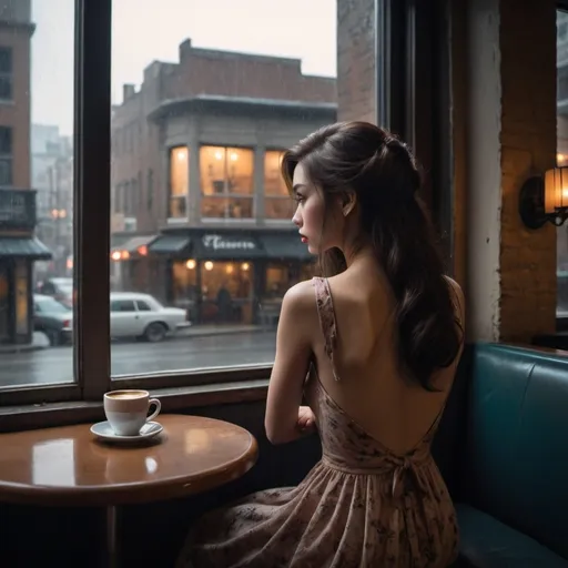 Prompt: A moody photo of the back of a woman, long hair, sitting in a coffee shop, wearing a nice dress, looking at a big window, look like in the movie In The Mood For Love, she looks like waiting someone, moody and cinematic 