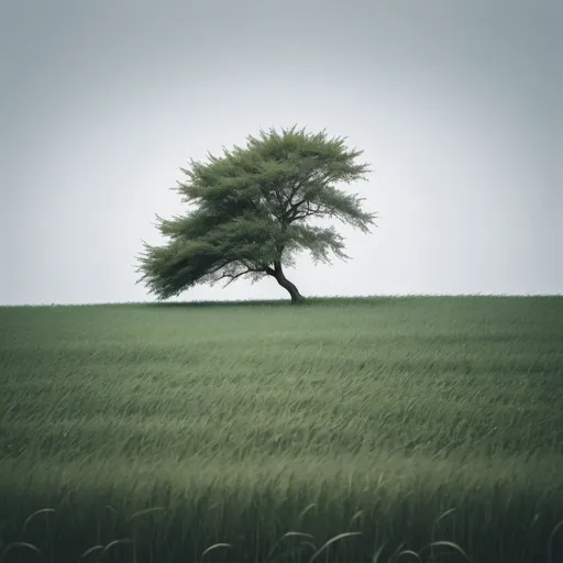 Prompt: A tree standing alone in the field bending in the wind with long leaves, minimal artistic photography 