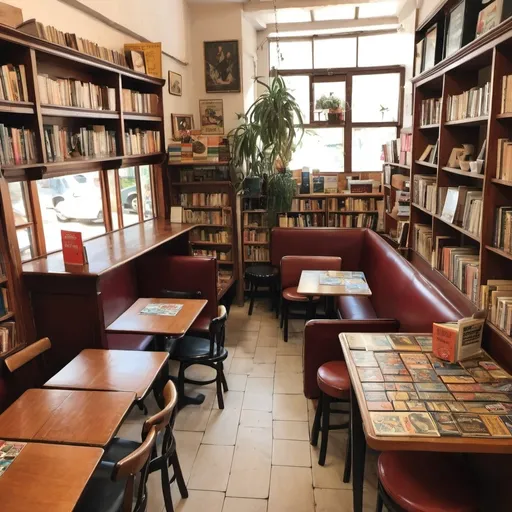 Prompt: a vintage indoor cafe with lots of seating and a small shelf of books and puzzles