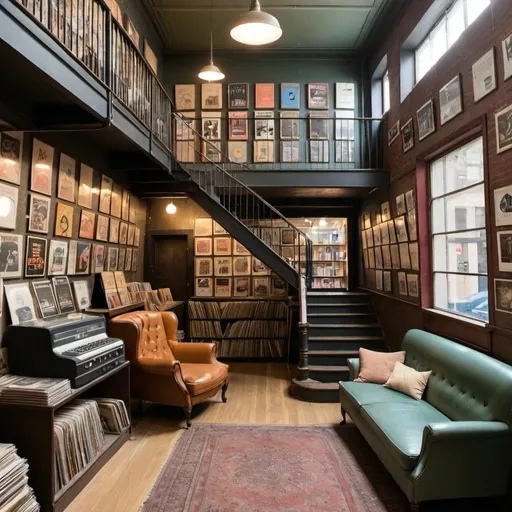 Prompt: vintage aesthetic record shop with a stairwell going up. have a sofa in there too