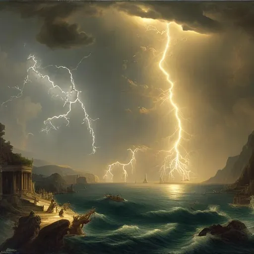 Prompt: Landscape with lightning and water mimicking Poseidon fighting Zeus  