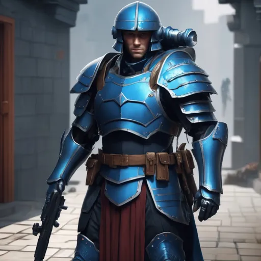 Prompt: Design a paranoia soldier in armor, whose rank is Blue, his armor is generally blue, realistic, 4k, ultra HD