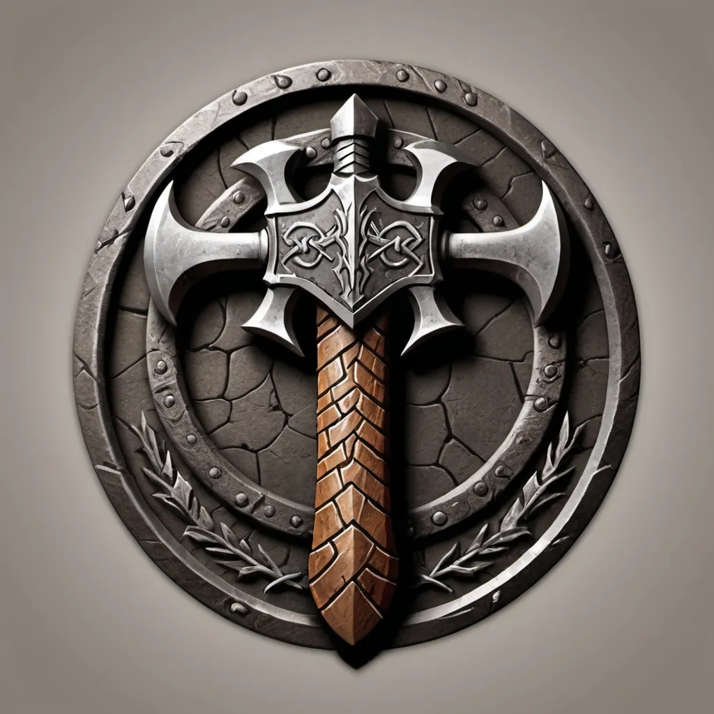 Prompt: Design a logo for a "Dwarven Dragonslayer Troop." The logo should be a circular emblem with a rugged, ancient feel. A large, crossed dwarven axe and hammer are placed behind the dragon's head, symbolizing the troop's strength and skill in battle. The handles of the weapons are engraved with dwarven runes.