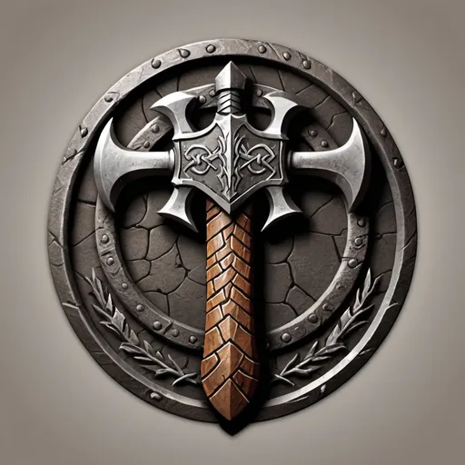 Prompt: Design a logo for a "Dwarven Dragonslayer Troop." The logo should be a circular emblem with a rugged, ancient feel. A large, crossed dwarven axe and hammer are placed behind the dragon's head, symbolizing the troop's strength and skill in battle. The handles of the weapons are engraved with dwarven runes.