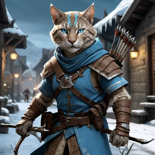 Prompt: dnd5e, Tabaxi, Ranger, fine clothes, and ice-blue eyes, armed with 2 hand crossbow, realistic, 4k, ultra HD, detailed, DnD 5e, city setting, detailed eyes, epic fantasy, high-quality rendering, atmospheric lighting