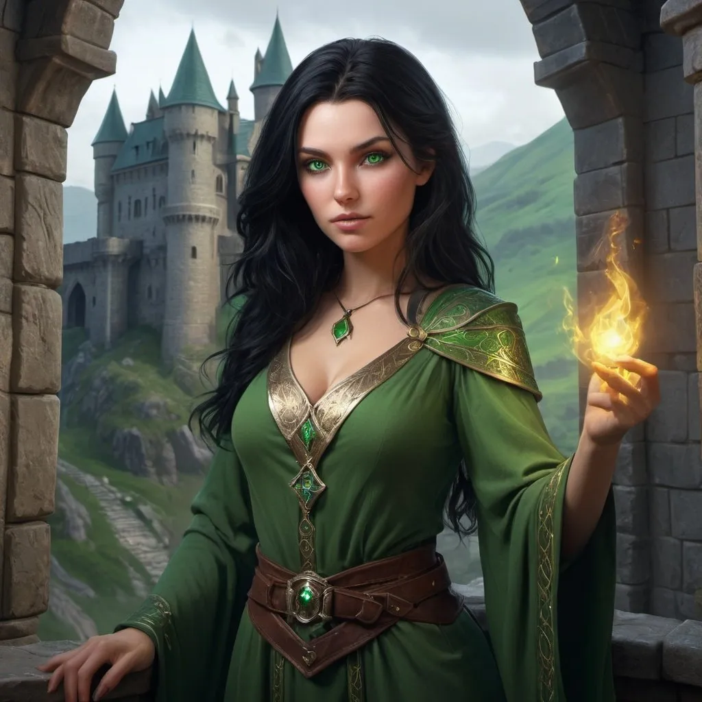 Prompt: beautiful human Lady wizard 28 years old black hair, green eyes, 4k, ultra HD, detailed, DnD 5e, castle setting, detailed eyes, epic fantasy, high-quality rendering, atmospheric lighting