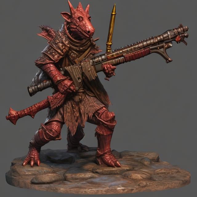 Prompt: Beautiful Kobold Rifle bearer for DND 5E, mostly red but in parts chromatic scales, realistic, 4k, ultra hd