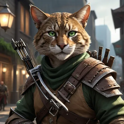 Prompt: dnd5e, Tabaxi, Ranger, fine clothes, and dark green eyes, armed with 2 hand crossbow, realistic weapons, detailed weapons, realistic, 4k, ultra HD, detailed, DnD 5e, city setting, detailed eyes, epic fantasy, high-quality rendering, atmospheric lighting, intense gaze, professional rendering, atmospheric lighting, detailed facial features, intense expression, detailed weaponry, realistic shadows, professional, detailed textures,