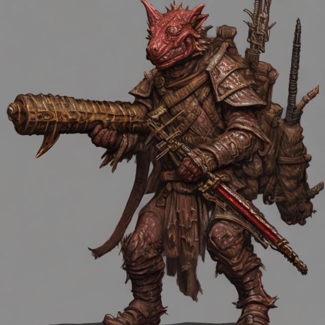 Prompt: Beautiful Kobold Rifle bearer for DND 5E, mostly red but in parts chromatic scales, realistic, 4k, ultra hd