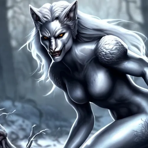Prompt: silvery illustrated werewolf female, full body, beautiful, full hd, 4k, realistic, 