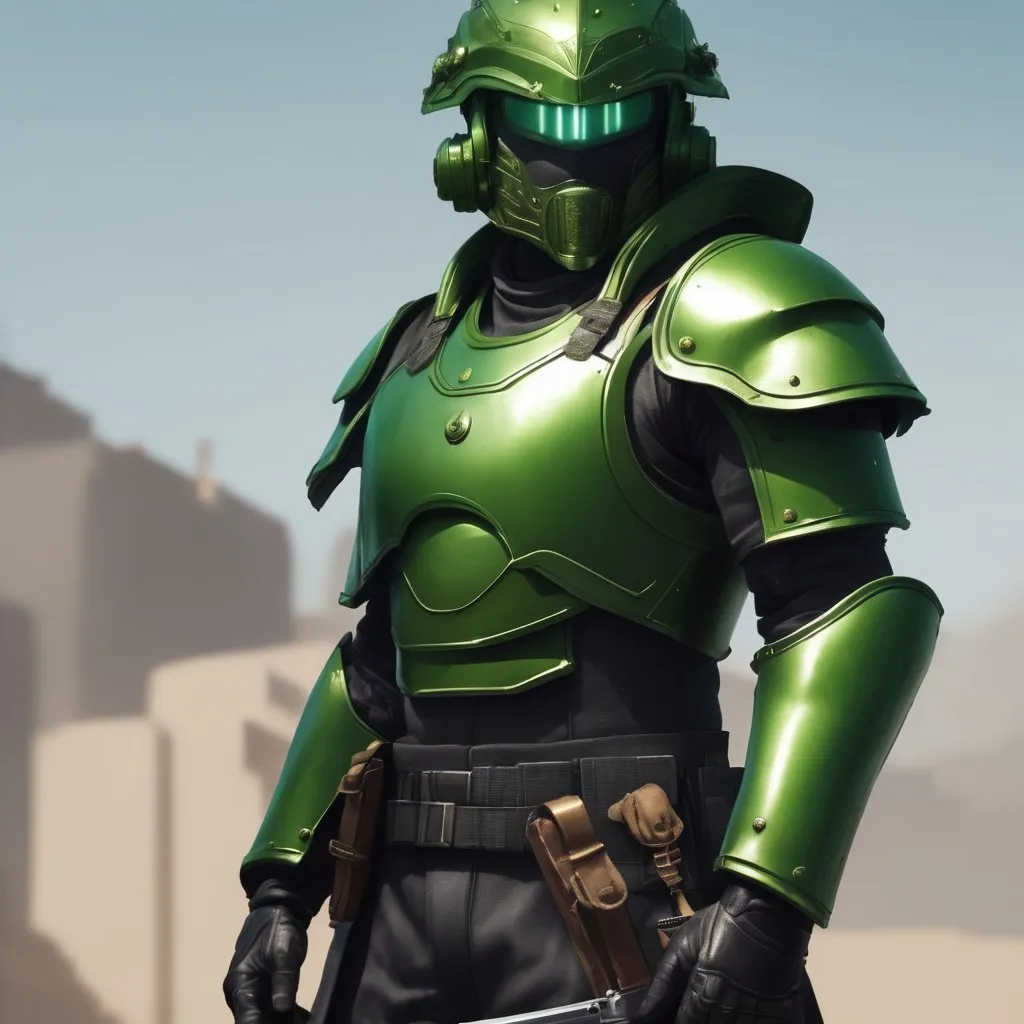 Prompt: Design a paranoia soldier in armor, without helmet, whose rank is green, his armor is generally green, realistic, 4k, ultra HD