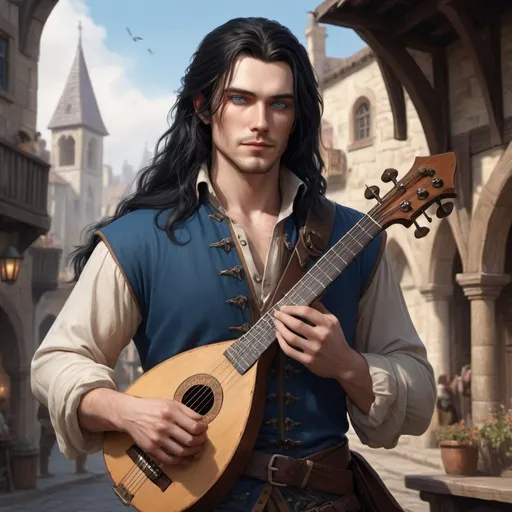 Prompt: handsome human bard long black hair, dressed in fine clothes, blue eyes, carrying a lute , realistic, 4k, ultra HD, detailed, DnD 5e, young, city setting, detailed eyes, epic fantasy, high-quality rendering, atmospheric lighting