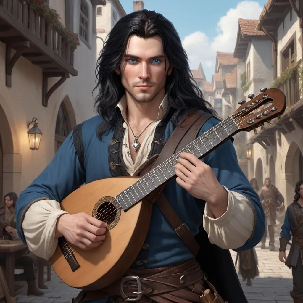 Prompt: handsome human bard with long black hair, fine clothes, and blue eyes, carrying a lute, realistic, 4k, ultra HD, detailed, DnD 5e, young, city setting, detailed eyes, epic fantasy, high-quality rendering, atmospheric lighting