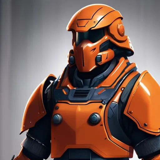 Prompt: Design a paranoia soldier in armor, , whose rank is orange, his armor is generally orange, realistic, 4k, ultra HD