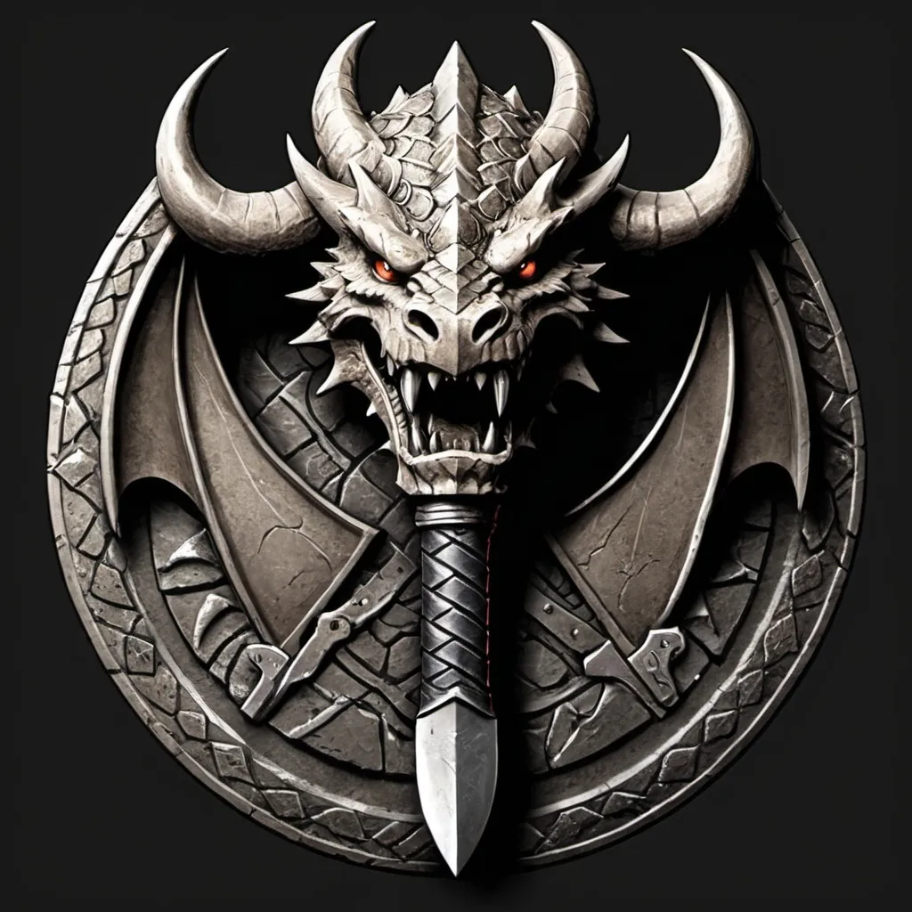 Prompt: Design a logo for a "Dwarven Dragonslayer Troop." The logo should be a circular emblem with a rugged, ancient feel. At the center, depict a stylized dragon's head, snarling, with its mouth open wide. The dragon's scales are intricate, and its eyes are fierce, giving a sense of power and menace. A large, crossed dwarven axe and hammer are placed behind the dragon's head, symbolizing the troop's strength and skill in battle. The handles of the weapons are engraved with dwarven runes.