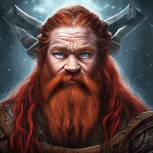 Prompt: Dwarf Sorcerer, red hair, long red braided beards, runic alphabet, blue eyes, realistic, full hd