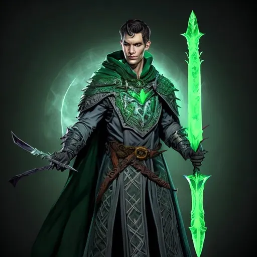 Prompt: dnd 5e, warlock, human variant, green robe, Silvery illustration, Longbow, realistic, 4k, ultra HD