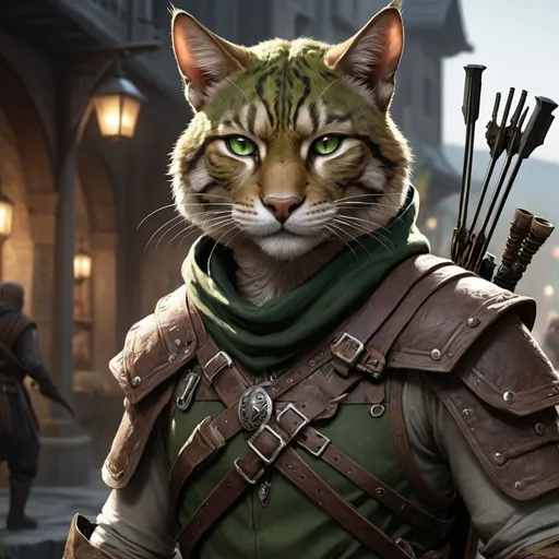 Prompt: dnd5e, Tabaxi, Ranger, fine clothes, and dark green eyes, armed with 2 hand crossbow, realistic weapons, detailed weapons, realistic, 4k, ultra HD, detailed, DnD 5e, city setting, detailed eyes, epic fantasy, high-quality rendering, atmospheric lighting, intense gaze, professional rendering, atmospheric lighting, detailed facial features, intense expression, detailed weaponry, realistic shadows, professional, detailed textures,