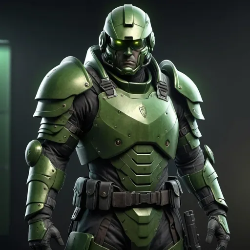 Prompt: Design a paranoia soldier in armor, whose rank is green, male, his armor is generally green, fullbody, realistic, 4k, ultra HD, intense gaze, laboratory setting, professional rendering, atmospheric lighting, detailed facial features, intense expression, detailed weaponry, high quality, realistic shadows, professional, detailed textures