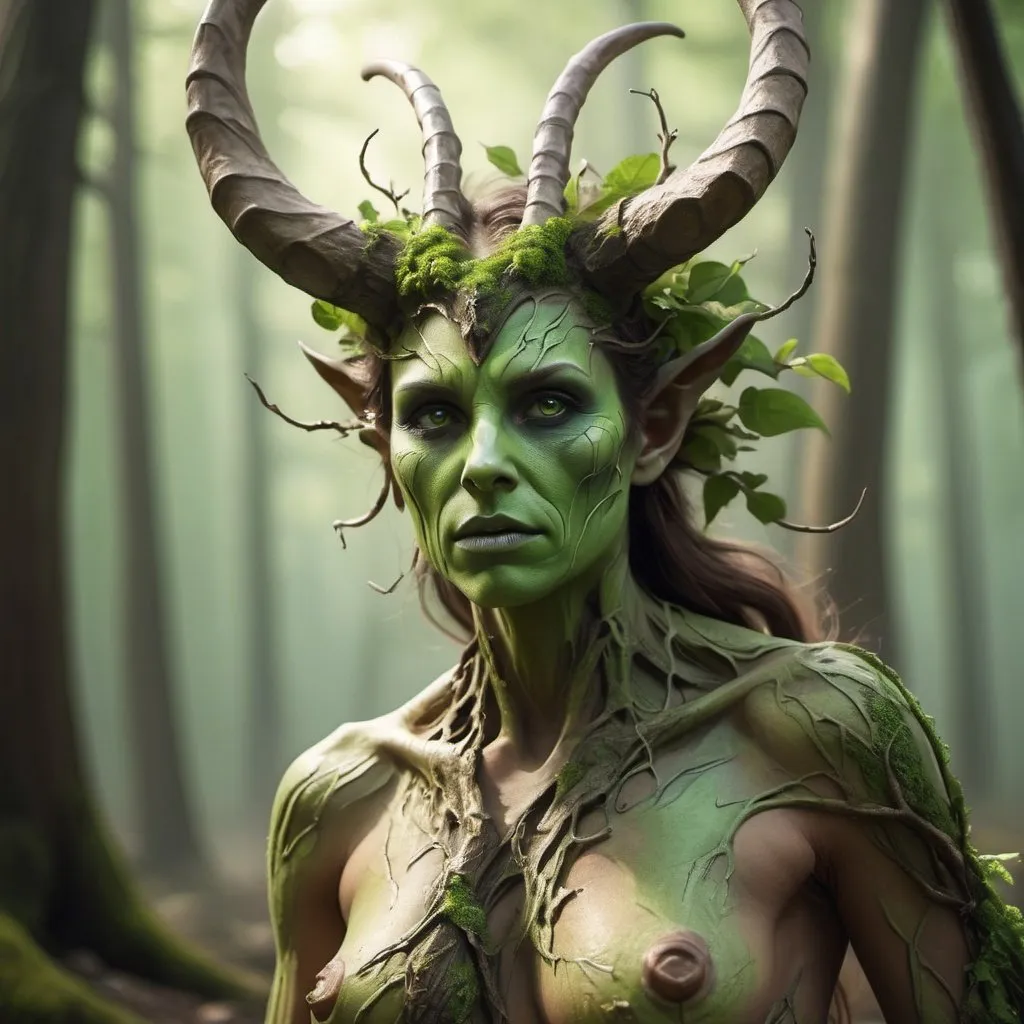 Prompt: Design me a giant radioactive dryad, realistic, ultra HD malformed horns, tatered scales, fullbody, realistic, 4k, ultra HD