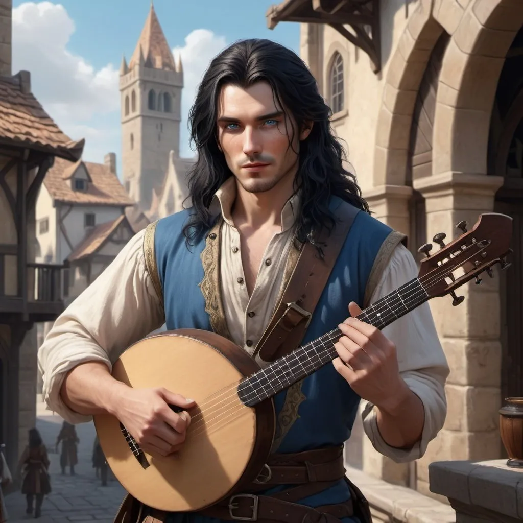 Prompt: handsome human bard long black hair, dressed in fine clothes, blue eyes, carrying a lute , realistic, 4k, ultra HD, detailed, DnD 5e, young, city setting, detailed eyes, epic fantasy, high-quality rendering, atmospheric lighting