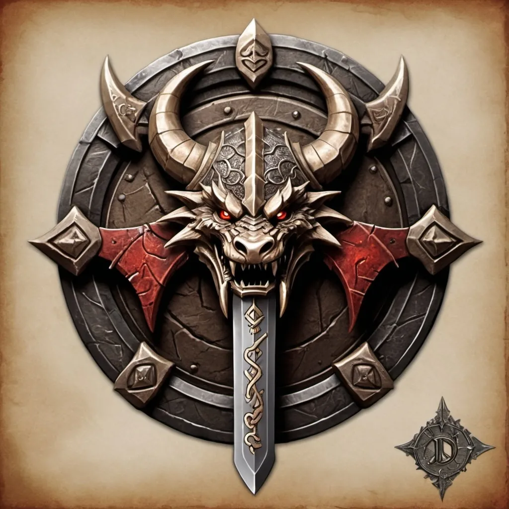 Prompt: Design a logo for a "Dwarven Dragonslayer Troop." The logo should be a circular emblem with a rugged, ancient feel. At the center, depict a stylized dragon's head, snarling, with its mouth open wide. The dragon's scales are intricate, and its eyes are fierce, giving a sense of power and menace. A large, crossed dwarven axe and hammer are placed behind the dragon's head, symbolizing the troop's strength and skill in battle. The handles of the weapons are engraved with dwarven runes.

Surrounding the central image, a thick, metal ring borders the logo, with smaller dragon scales etched into the surface. At the top of the ring, inscribe the troop's name in bold, runic-style letters: "Dwarven Dragonslayers." The overall color scheme should be dark and metallic, with accents of red and gold to convey a sense of valor and danger.