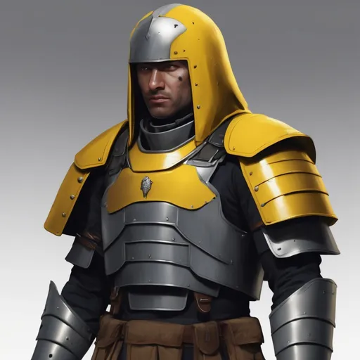 Prompt: Design a paranoia soldier in armor no helmet, whose rank is yellow, his armor is generally yellow, realistic, 4k, ultra HD