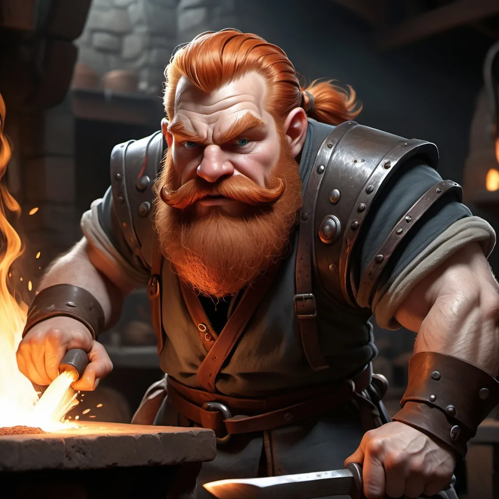 Prompt: dnd5e, dwarf, blacksmith, beating red hot iron, ginger hair, ginger facial hair,  fullbody, realistic, 4k, ultra HD, detailed, DnD 5e, blacksmith setting, detailed eyes, epic fantasy, high-quality rendering, atmospheric lighting, intense gaze, professional rendering, atmospheric lighting, detailed facial features, intense expression, detailed workshop, realistic shadows, professional, detailed textures,