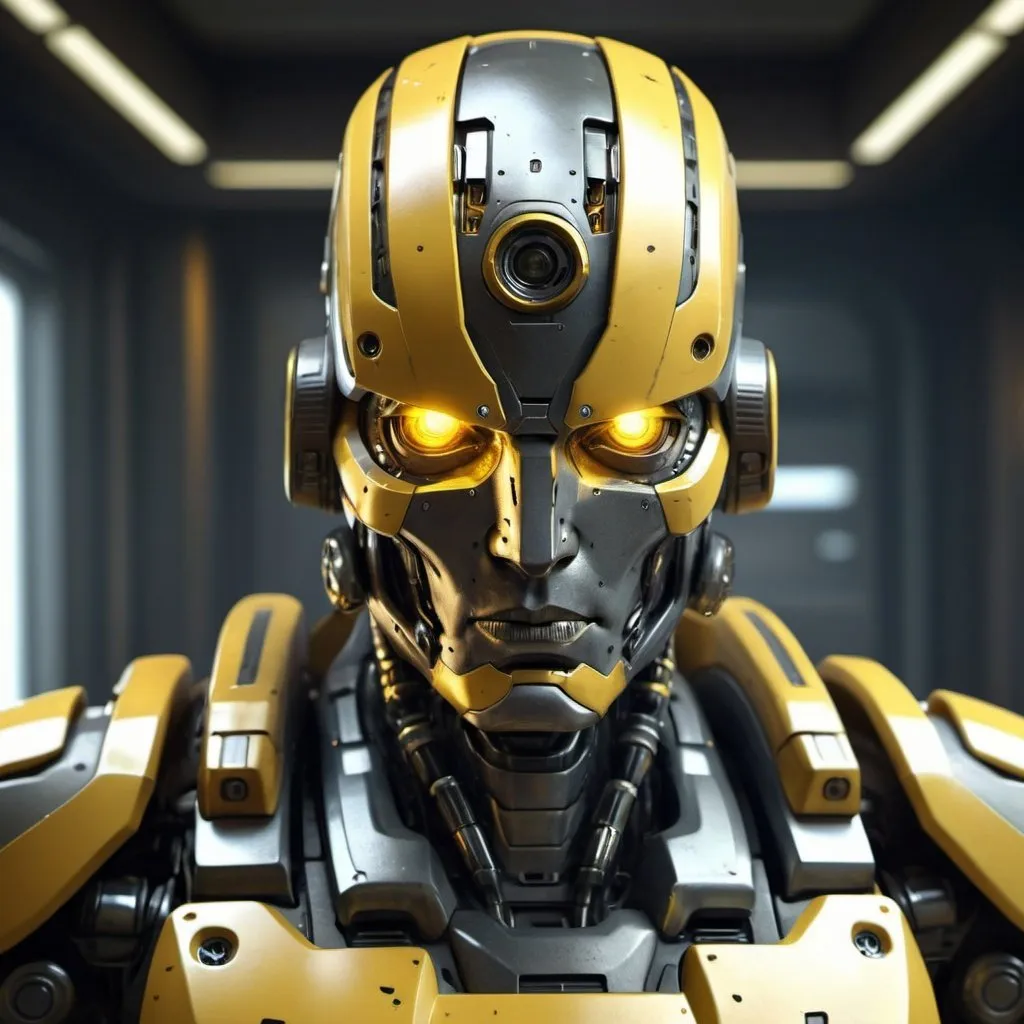 Prompt: Paranoia robot, realistic, 4k, ultra HD, detailed armor, intense gaze, futuristic military setting, professional rendering, atmospheric lighting, detailed facial features, intense expression, military rank insignia, detailed weaponry, high quality, armor with reflective surfaces, realistic shadows, professional, yellow color tones, detailed textures, futuristic technology