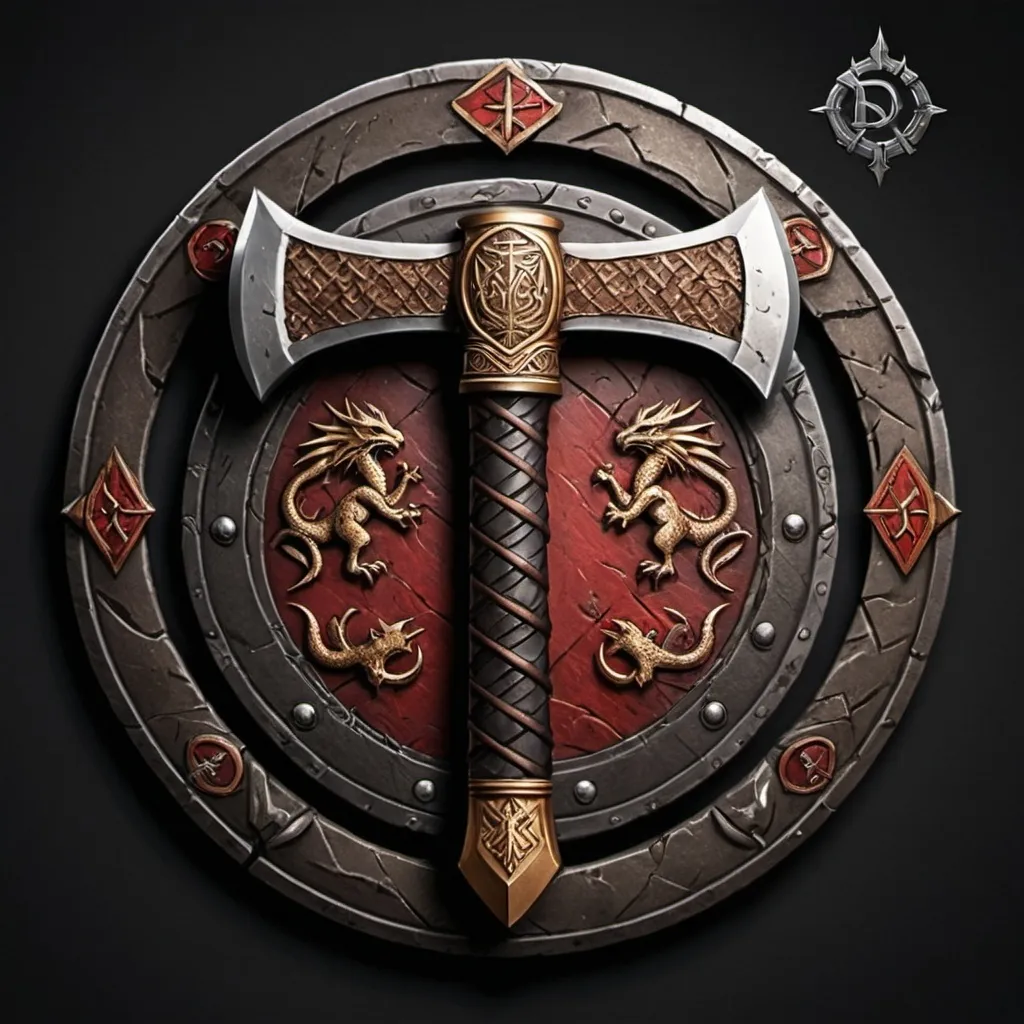 Prompt: Design a logo for a "Dwarven Dragonslayer Troop." The logo should be a circular emblem with a rugged, ancient feel. At the center, depict a large, crossed dwarven axe and hammer, symbolizing the troop's strength and skill in battle. The weapons are intricately detailed, with the axe featuring a double-bladed head and the hammer having a thick, heavy head. The handles of both weapons are engraved with dwarven runes, showcasing the troop's heritage.

Surrounding the central image, a thick, metal ring borders the logo, with smaller dragon scales etched into the surface. The overall color scheme should be dark and metallic, with accents of red and gold to convey a sense of valor and danger.