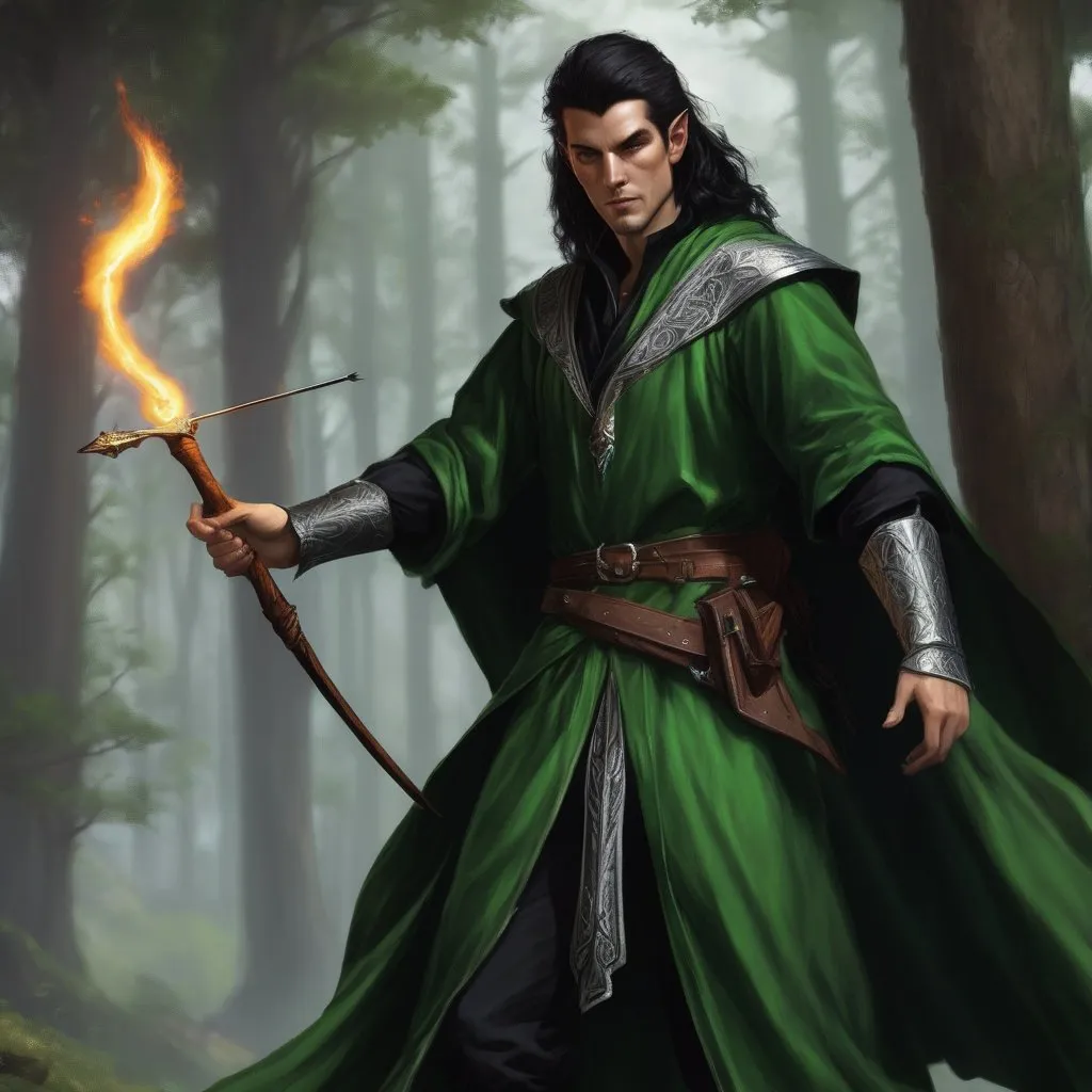 Prompt: dnd 5e, warlock, human variant, handsome, long black haired, young, green robe, Silvery illustration, Longbow, realistic, 4k, ultra HD