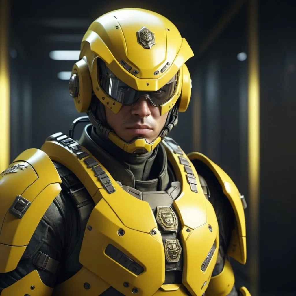 Prompt: Paranoia soldier in yellow armor, realistic, 4k, ultra HD, detailed armor, intense gaze, futuristic military setting, professional rendering, atmospheric lighting, detailed facial features, intense expression, military rank insignia, detailed weaponry, high quality, armor with reflective surfaces, realistic shadows, professional, yellow color tones, detailed textures, futuristic technology