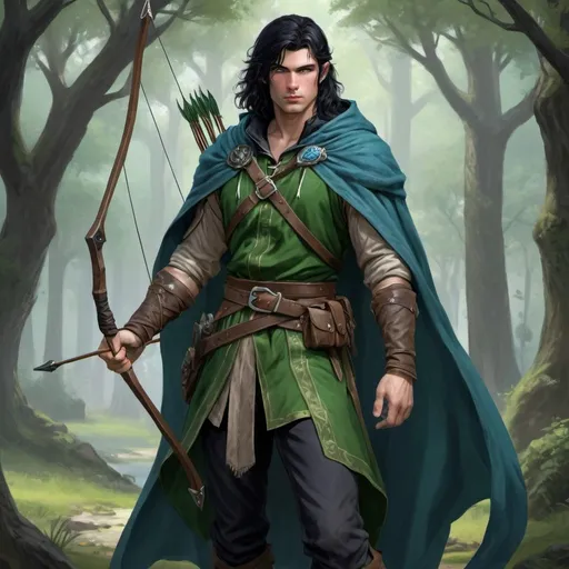 Prompt: dnd 5e, ranger, human, handsome, long black haired, blue eye, young, green robe, full body, He has a longbow fit for lords, he has two shortswords on his belt, realistic, 4k, ultra HD