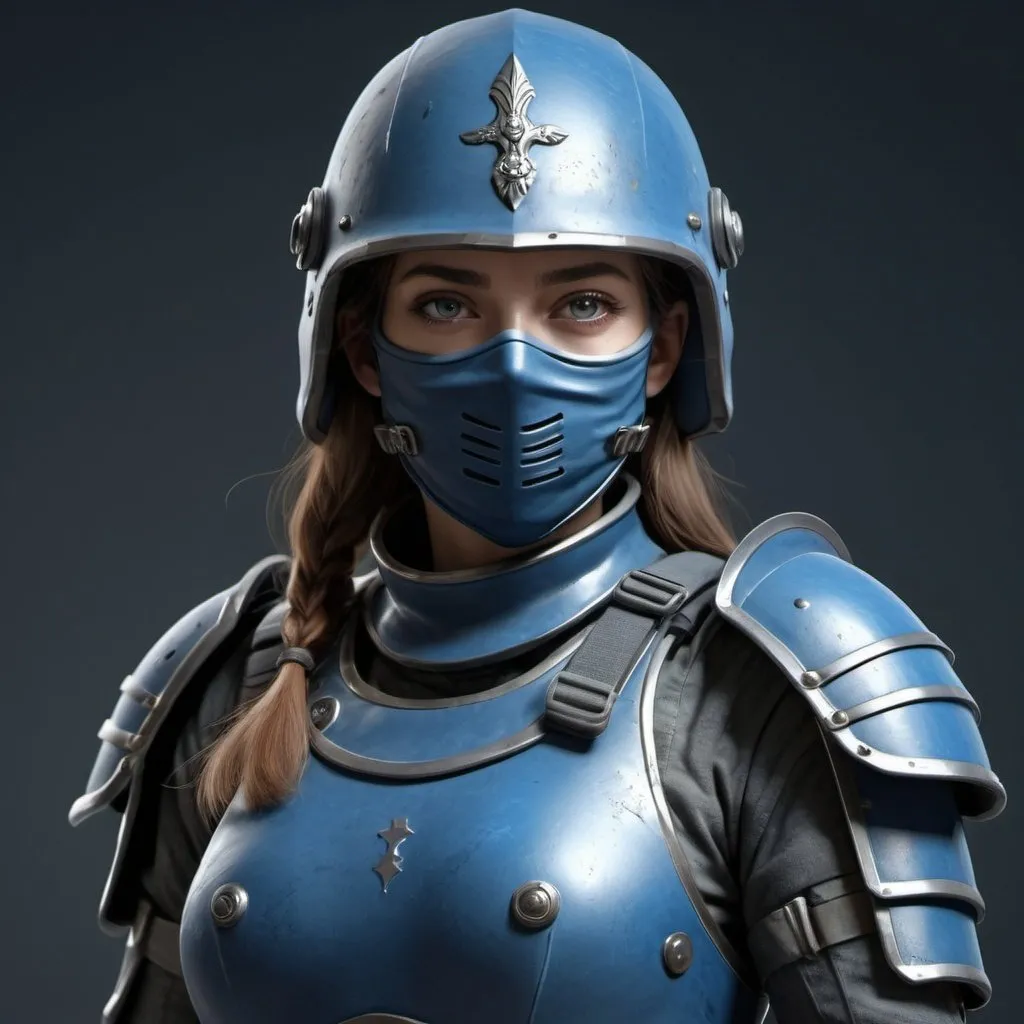 Prompt: Design a paranoia soldier in full armor, wearing a face covering helmet, whose rank is Blue, female, feminine, her armor is generally blue, realistic, 4k, ultra HD