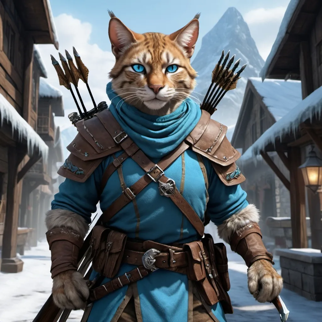 Prompt: dnd5e, Tabaxi, Ranger, fine clothes, and ice-blue eyes, armed with 2 hand crossbow, realistic, 4k, ultra HD, detailed, DnD 5e, city setting, detailed eyes, epic fantasy, high-quality rendering, atmospheric lighting