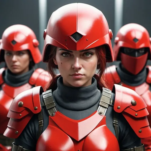 Prompt: Design a paranoia soldier in armor, no helmet, whose rank is red, female, her armor is generally red, realistic, 4k, ultra HD, faces different from the others you do