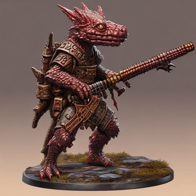 Prompt: Beautiful Kobold Rifle bearer for DND 5E, mostly red but in parts colorful scales, realistic, 4k, ultra hd