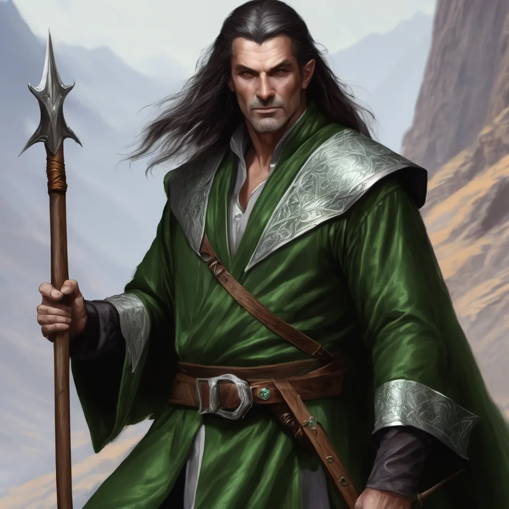 Prompt: dnd 5e, warlock, human variant, handsome, long haired, middle aged, green robe, Silvery illustration, Longbow, realistic, 4k, ultra HD